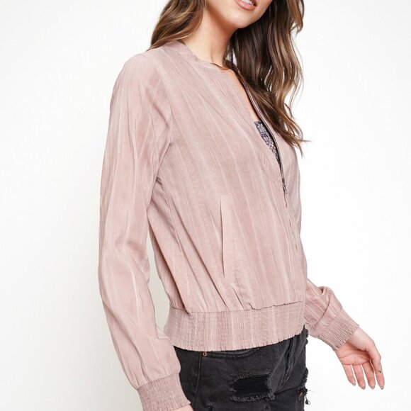 MYSTREE Mauve Pink Bomber Jacket – Lightweight Zip Up Long Sleeve Casual Jacket - Picture 4 of 6